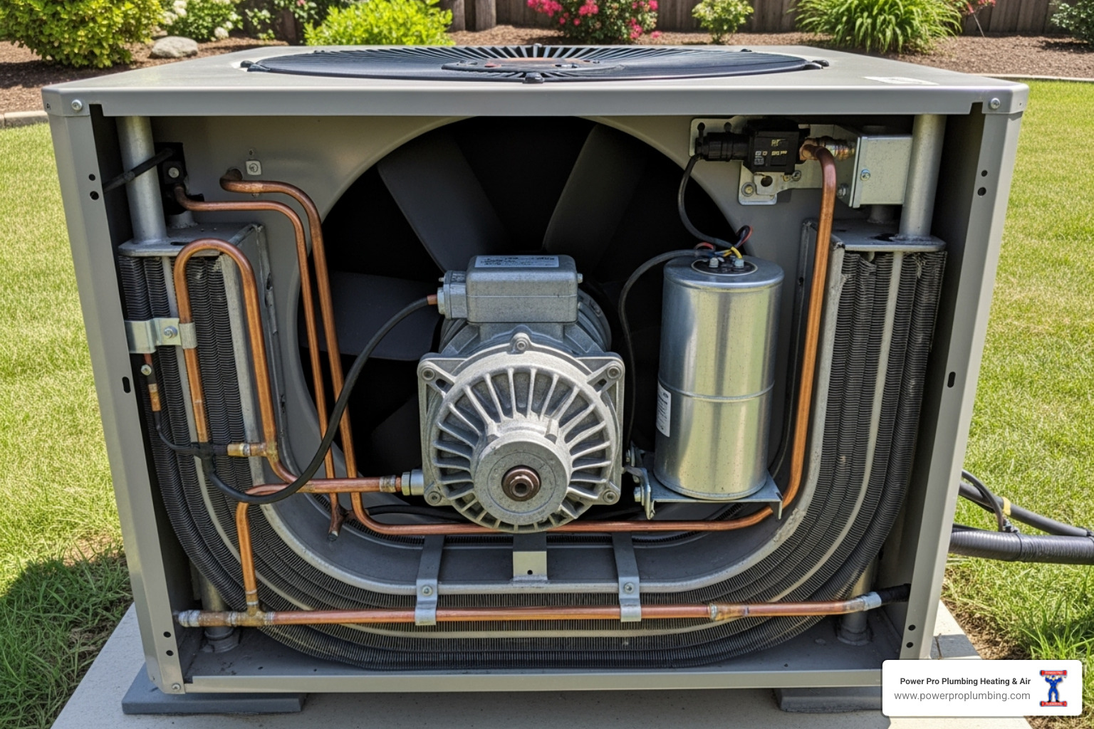 Open outdoor AC unit showing the fan motor and capacitor - AC fan not working Open outdoor AC unit showing the fan motor and capacitor - AC fan not working