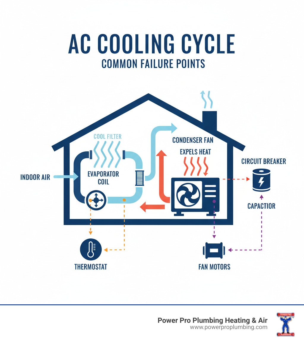 Infographic showing AC cooling cycle with indoor blower fan circulating air over evaporator coils and outdoor condenser fan expelling heat, with common failure points marked at thermostat, circuit breaker, air filter, capacitor, and fan motors - AC fan not working infographic Infographic showing AC cooling cycle with indoor blower fan circulating air over evaporator coils and outdoor condenser fan expelling heat, with common failure points marked at thermostat, circuit breaker, air filter, capacitor, and fan motors - AC fan not working infographic