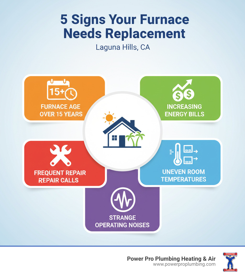 infographic showing the top 5 signs your furnace needs replacement: furnace age over 15 years, increasing energy bills, frequent repair calls, uneven room temperatures, and strange operating noises - furnace replacement laguna hills ca infographic 