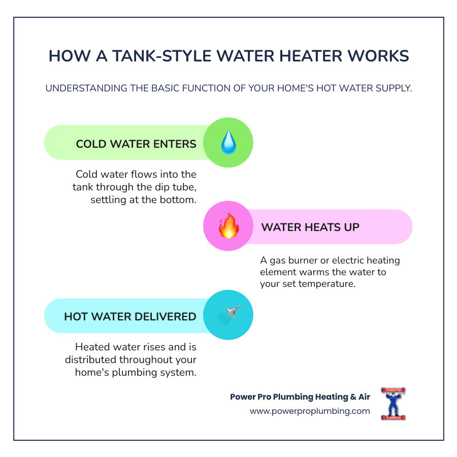 Infographic showing the basic anatomy of a tank-style water heater including the cold water inlet, hot water outlet, heating element or gas burner, thermostat, pressure relief valve, anode rod, and drain valve, with simple labels explaining how cold water enters the bottom, gets heated, and rises to the top for distribution throughout the home - water heater repair san marino infographic infographic-line-3-steps-colors