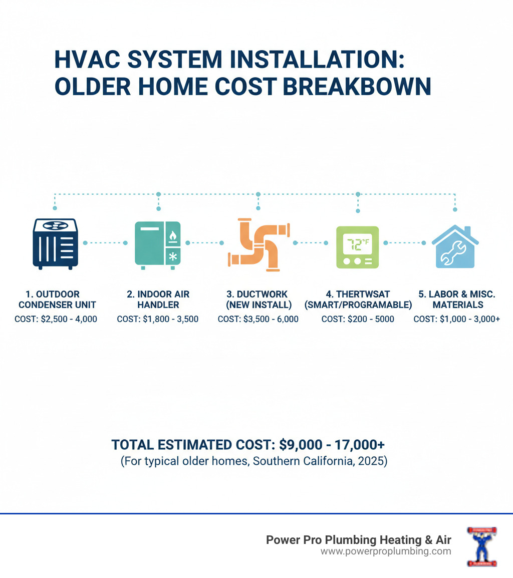 infographic showing breakdown of HVAC system components including outdoor condenser unit, indoor air handler, ductwork, thermostat, and typical cost ranges for each component in an older home installation - cost to add hvac to house infographic 