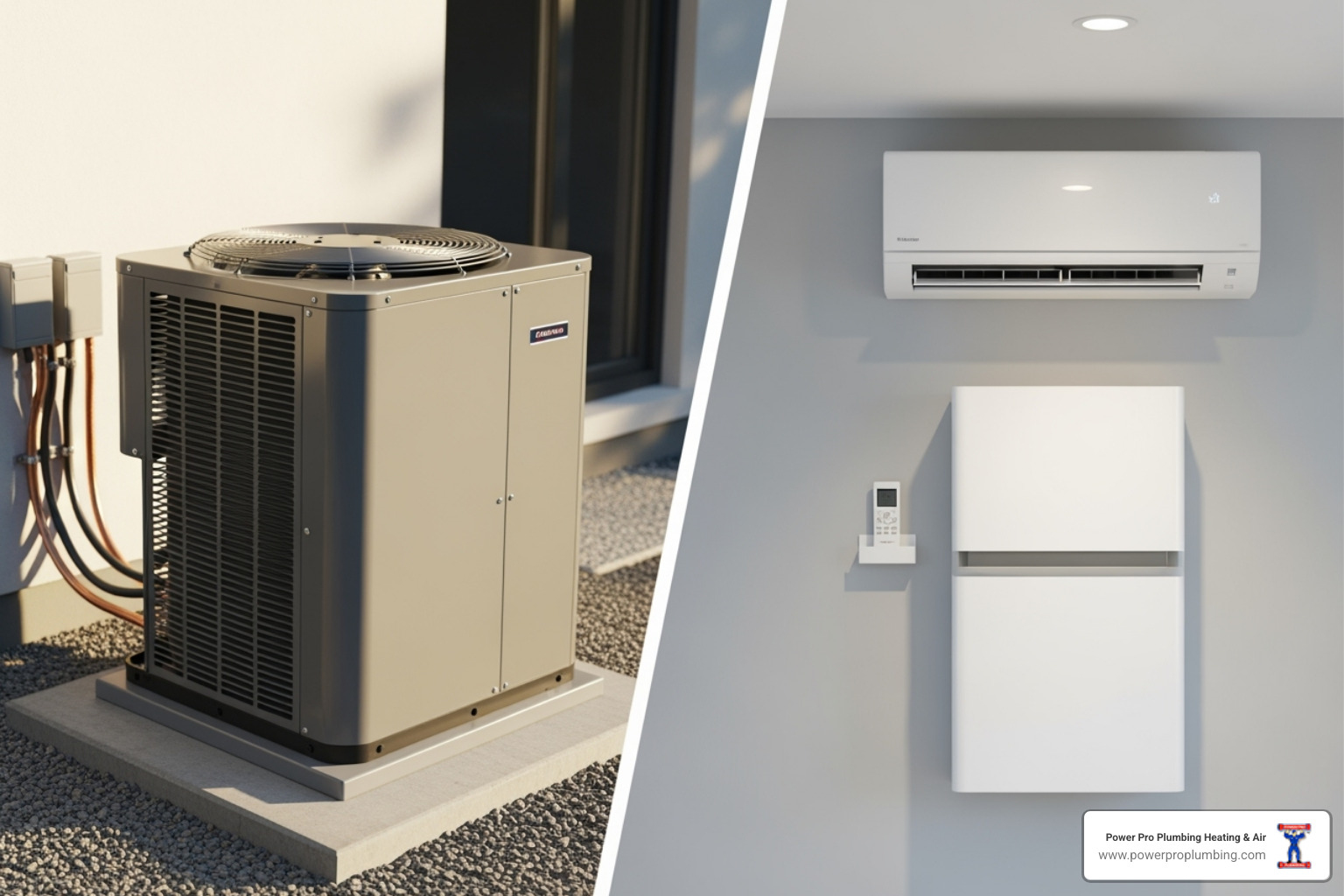 split screen showing central AC outdoor unit on one side and a ductless mini-split indoor unit on the other - cost to add hvac to house