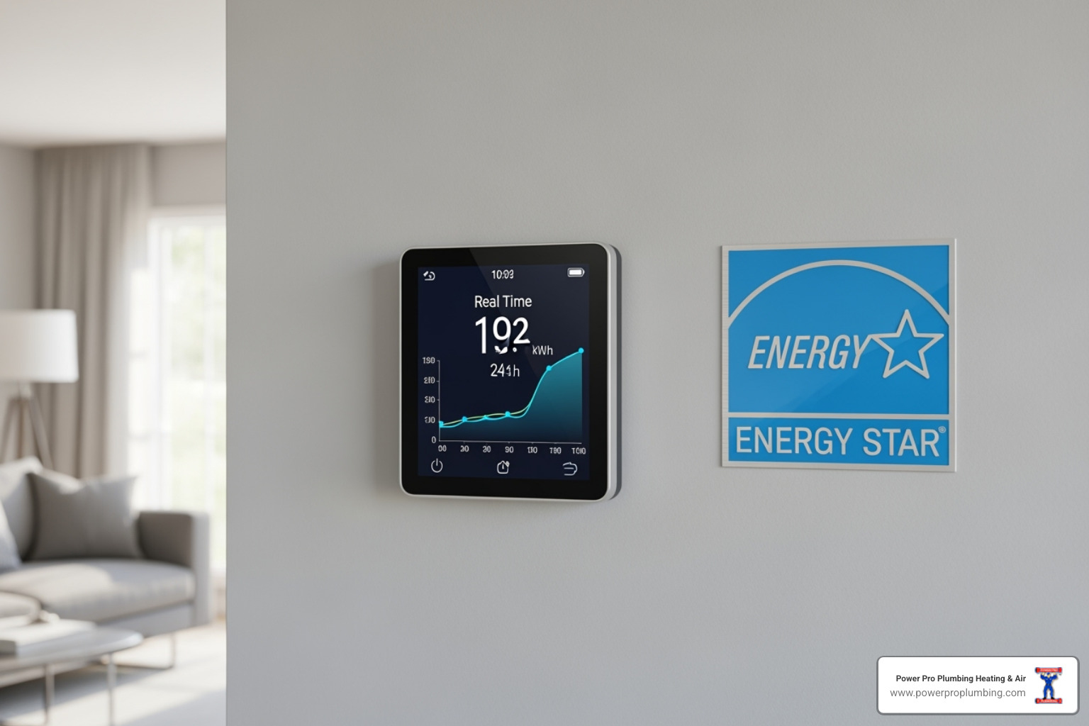ENERGY STAR logo next to a modern smart thermostat displaying energy usage data - cost to add hvac to house