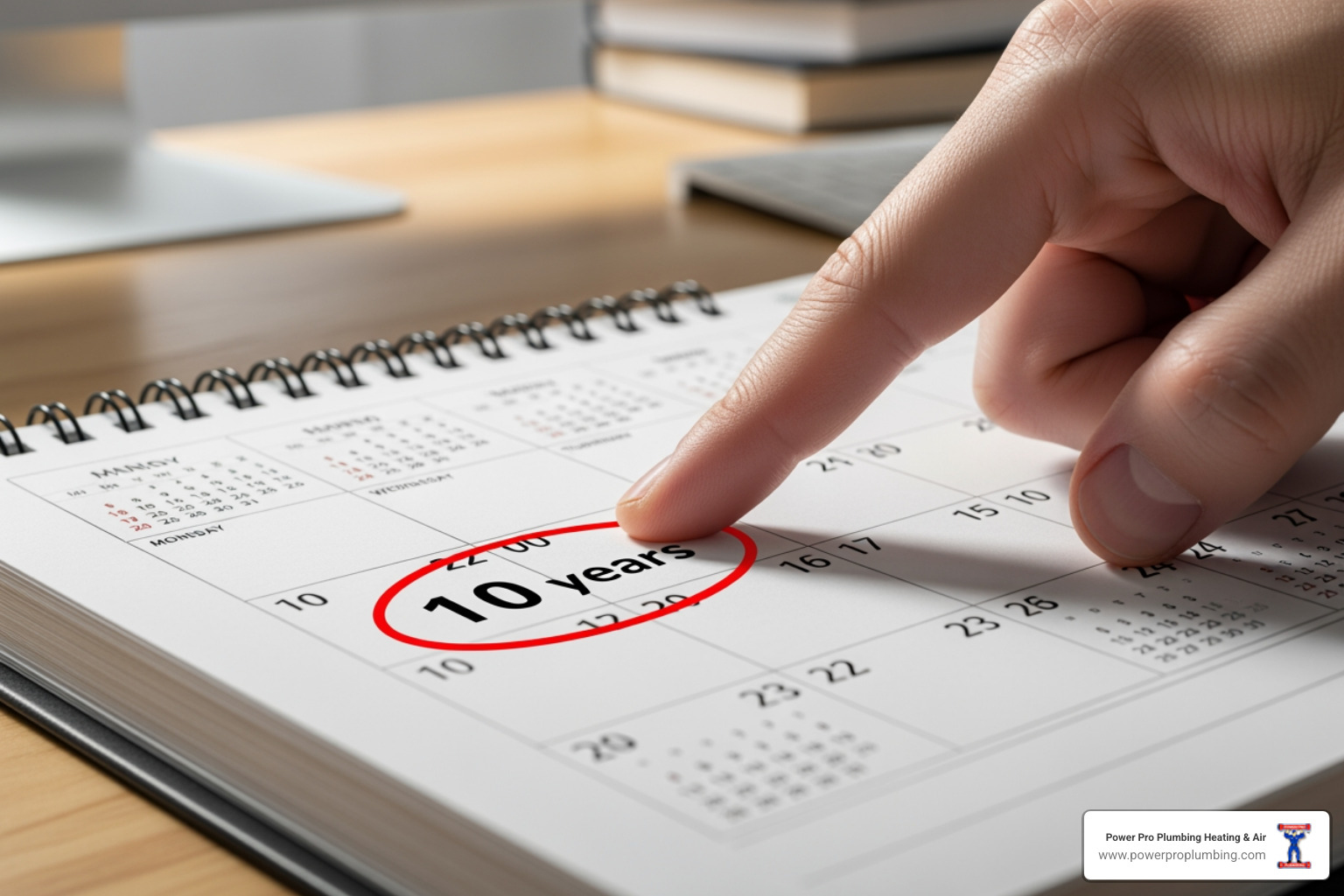 calendar pointing to a 10-year mark - "Find plumbers who specialize in changing out a water heater in Pasadena." calendar pointing to a 10-year mark - "Find plumbers who specialize in changing out a water heater in Pasadena."