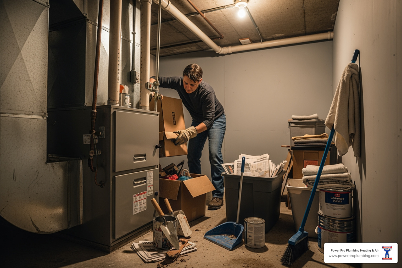 homeowner clearing area around indoor furnace - sunday hvac repair