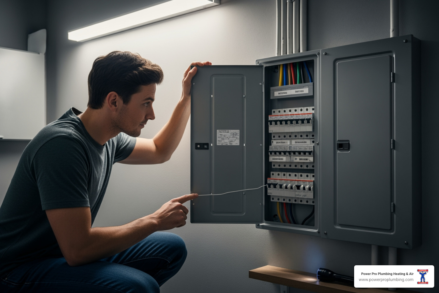 person checking home circuit breaker panel - sunday hvac repair