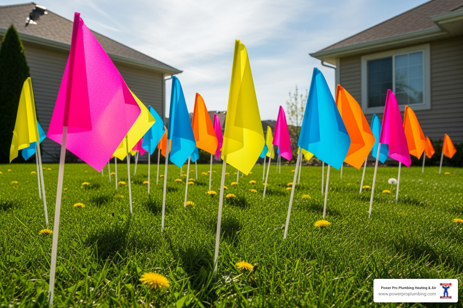 colorful utility flags marking underground lines in a yard - gas line outside house colorful utility flags marking underground lines in a yard - gas line outside house