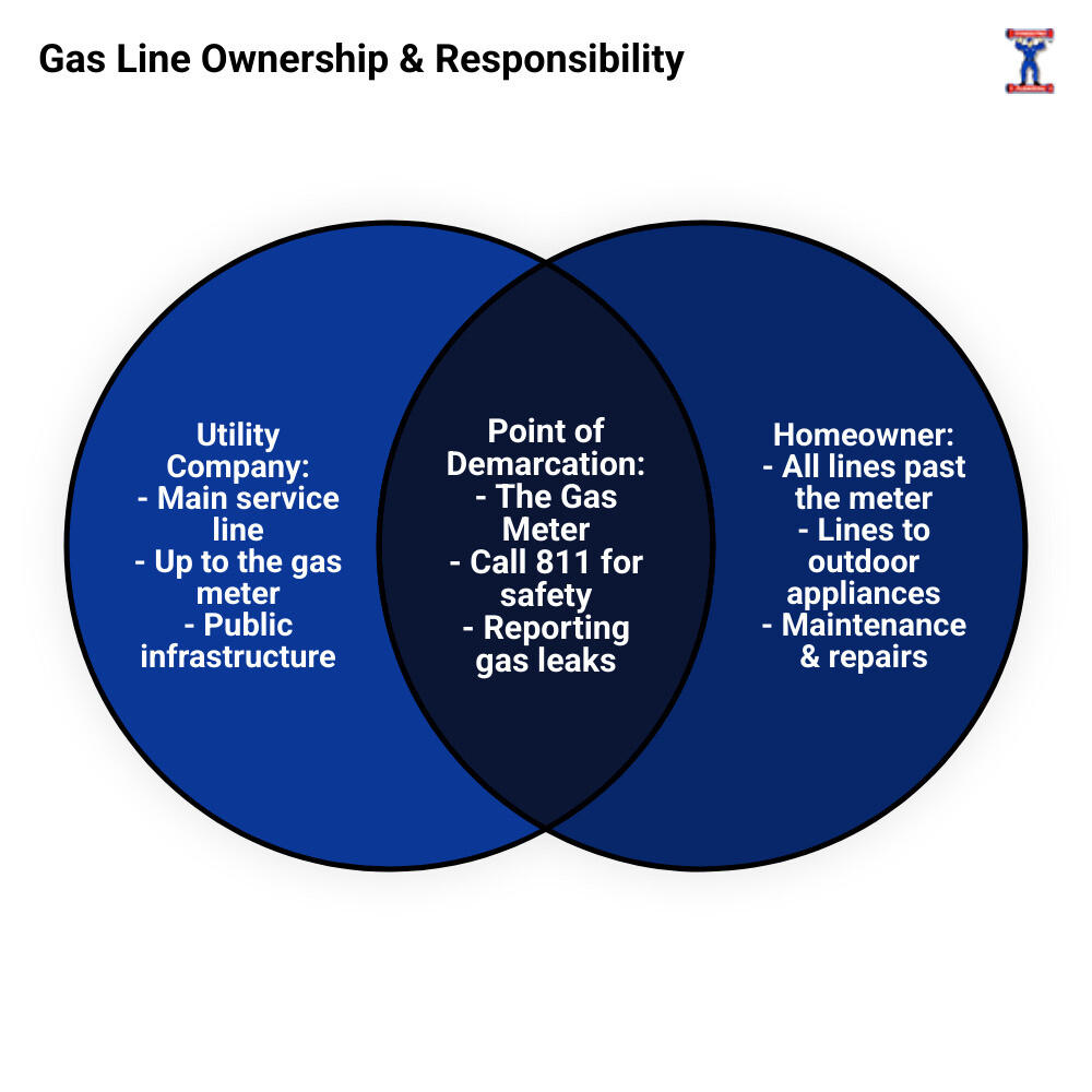 Infographic showing the anatomy of an exterior gas line system from meter to outdoor appliances, including responsibility boundaries between utility company and homeowner, required safety zones around buried lines, approved pipe materials for different applications, and critical warning signs of gas line problems - gas line outside house infographic venn_diagram Infographic showing the anatomy of an exterior gas line system from meter to outdoor appliances, including responsibility boundaries between utility company and homeowner, required safety zones around buried lines, approved pipe materials for different applications, and critical warning signs of gas line problems - gas line outside house infographic venn_diagram