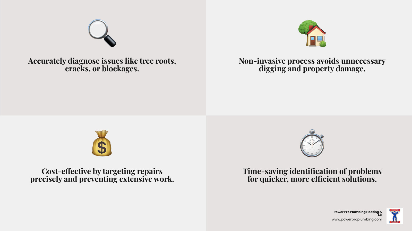 infographic showing benefits of sewer camera inspections including accurate diagnosis with icon of magnifying glass over pipe, non-invasive process with icon of intact yard, cost-effective repairs with dollar sign and wrench, and time-saving results with clock icon - "Which plumbers in Pomona use a camera for sewer line inspections to find the cause of a backup?" infographic 4_facts_emoji_grey infographic showing benefits of sewer camera inspections including accurate diagnosis with icon of magnifying glass over pipe, non-invasive process with icon of intact yard, cost-effective repairs with dollar sign and wrench, and time-saving results with clock icon - "Which plumbers in Pomona use a camera for sewer line inspections to find the cause of a backup?" infographic 4_facts_emoji_grey