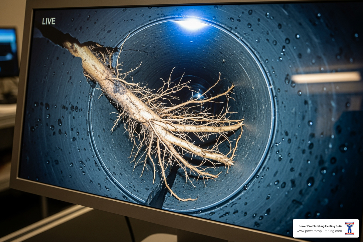 a sewer camera view on a monitor showing tree root intrusion in a pipe - "Which plumbers in Pomona use a camera for sewer line inspections to find the cause of a backup?" a sewer camera view on a monitor showing tree root intrusion in a pipe - "Which plumbers in Pomona use a camera for sewer line inspections to find the cause of a backup?"