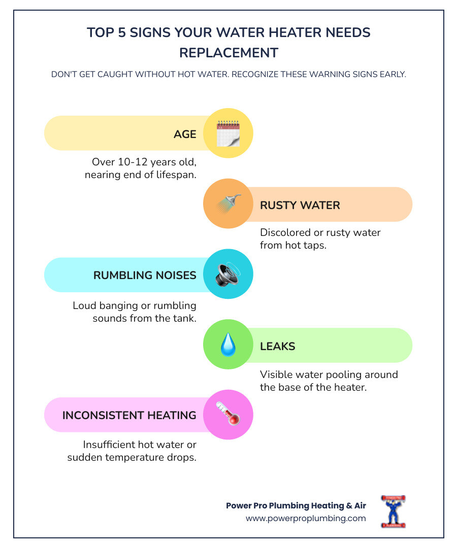 Infographic showing the top 5 signs your water heater needs replacement: 1. Age over 10-12 years, 2. Rusty or discolored water from hot taps, 3. Rumbling or banging noises from the tank, 4. Visible water pooling around the base, 5. Inconsistent water temperature or insufficient hot water supply - natural gas hot water heater installation infographic infographic-line-5-steps-colors Infographic showing the top 5 signs your water heater needs replacement: 1. Age over 10-12 years, 2. Rusty or discolored water from hot taps, 3. Rumbling or banging noises from the tank, 4. Visible water pooling around the base, 5. Inconsistent water temperature or insufficient hot water supply - natural gas hot water heater installation infographic infographic-line-5-steps-colors