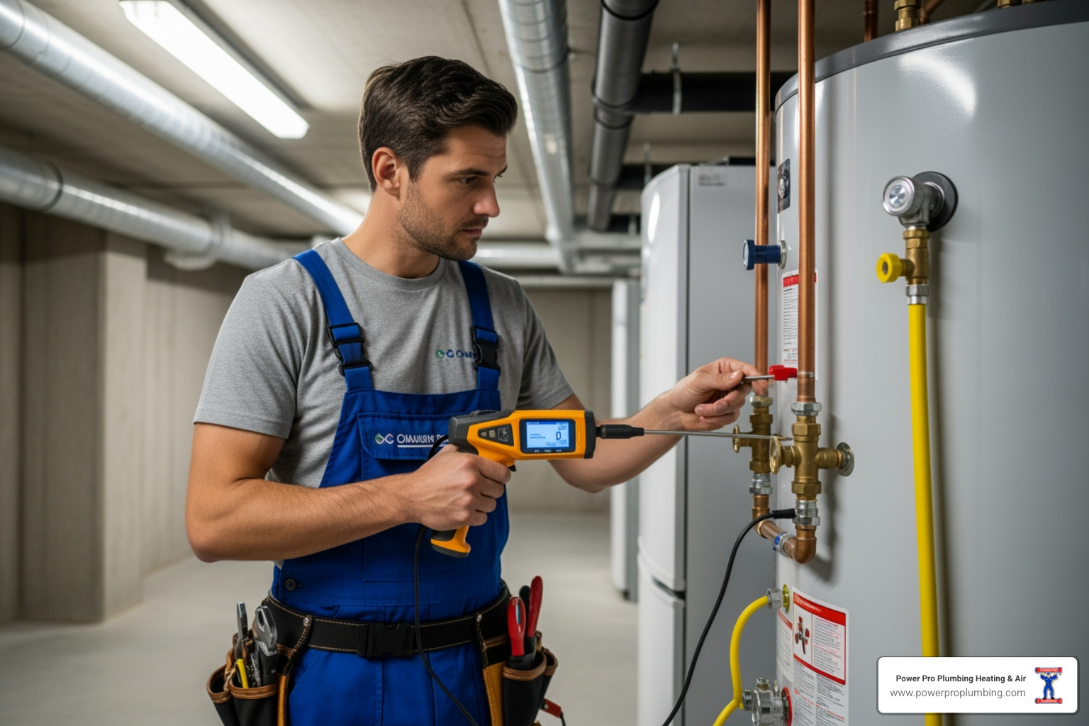 A professional plumber checking gas line connections with a detection tool to ensure safety - natural gas hot water heater installation A professional plumber checking gas line connections with a detection tool to ensure safety - natural gas hot water heater installation