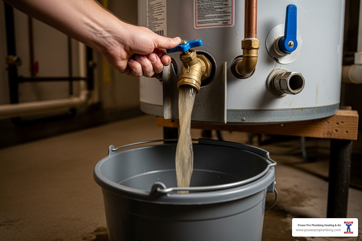 A hand flushing sediment from a water heater's drain valve into a bucket - natural gas hot water heater installation A hand flushing sediment from a water heater's drain valve into a bucket - natural gas hot water heater installation