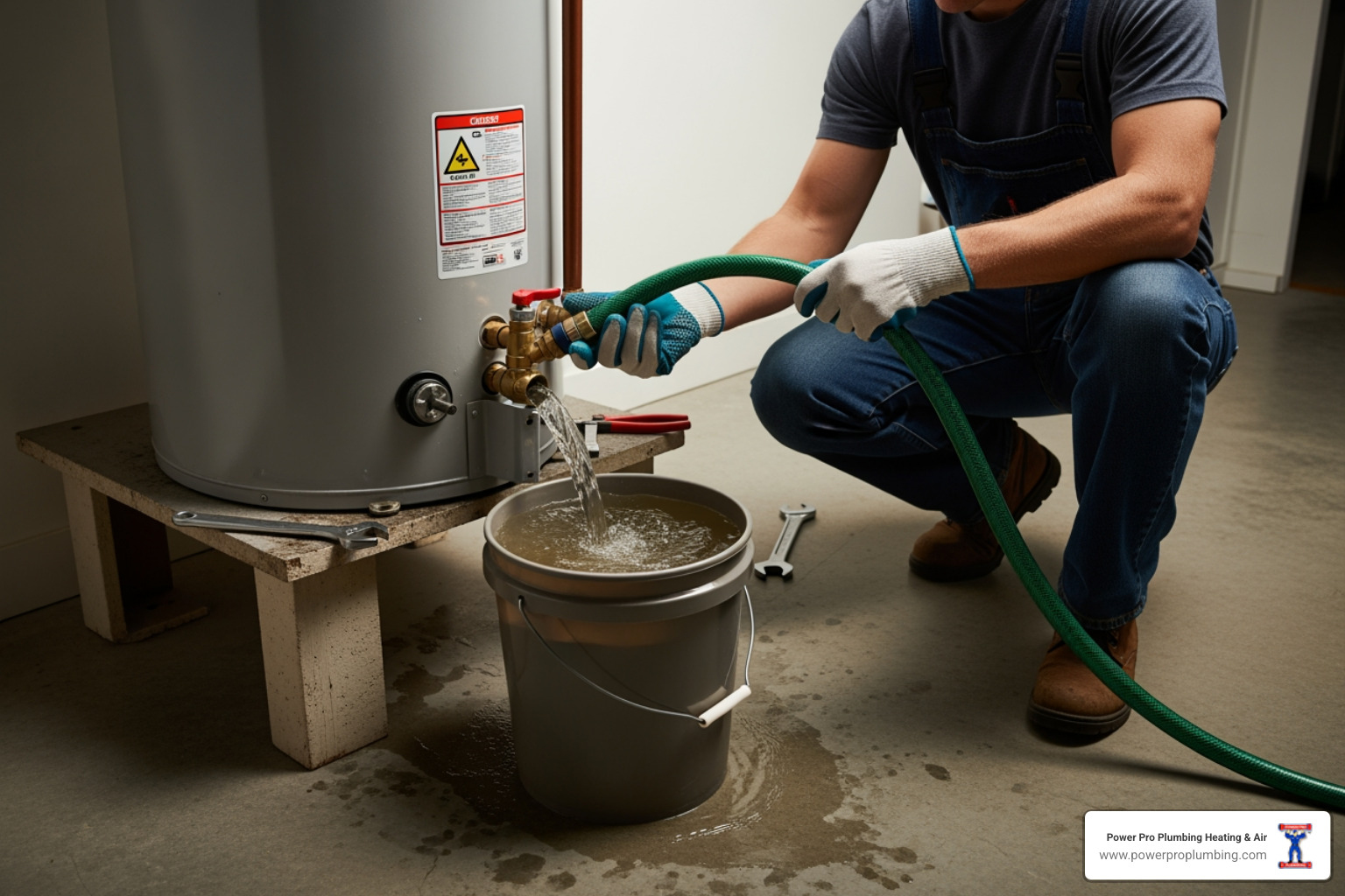 A homeowner safely draining an old water heater tank into a bucket with a garden hose - natural gas hot water heater installation A homeowner safely draining an old water heater tank into a bucket with a garden hose - natural gas hot water heater installation