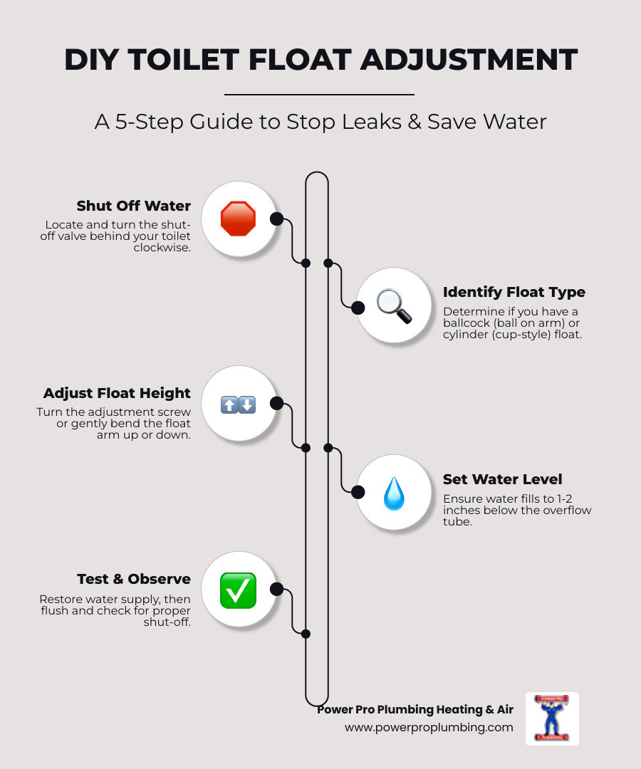 Infographic showing the toilet tank fill cycle with float mechanism, including water entering through fill valve, float rising with water level, fill valve shutting off when float reaches set height, and overflow tube preventing tank overflow - toilet float adjustment infographic infographic-line-5-steps-elegant_beige
