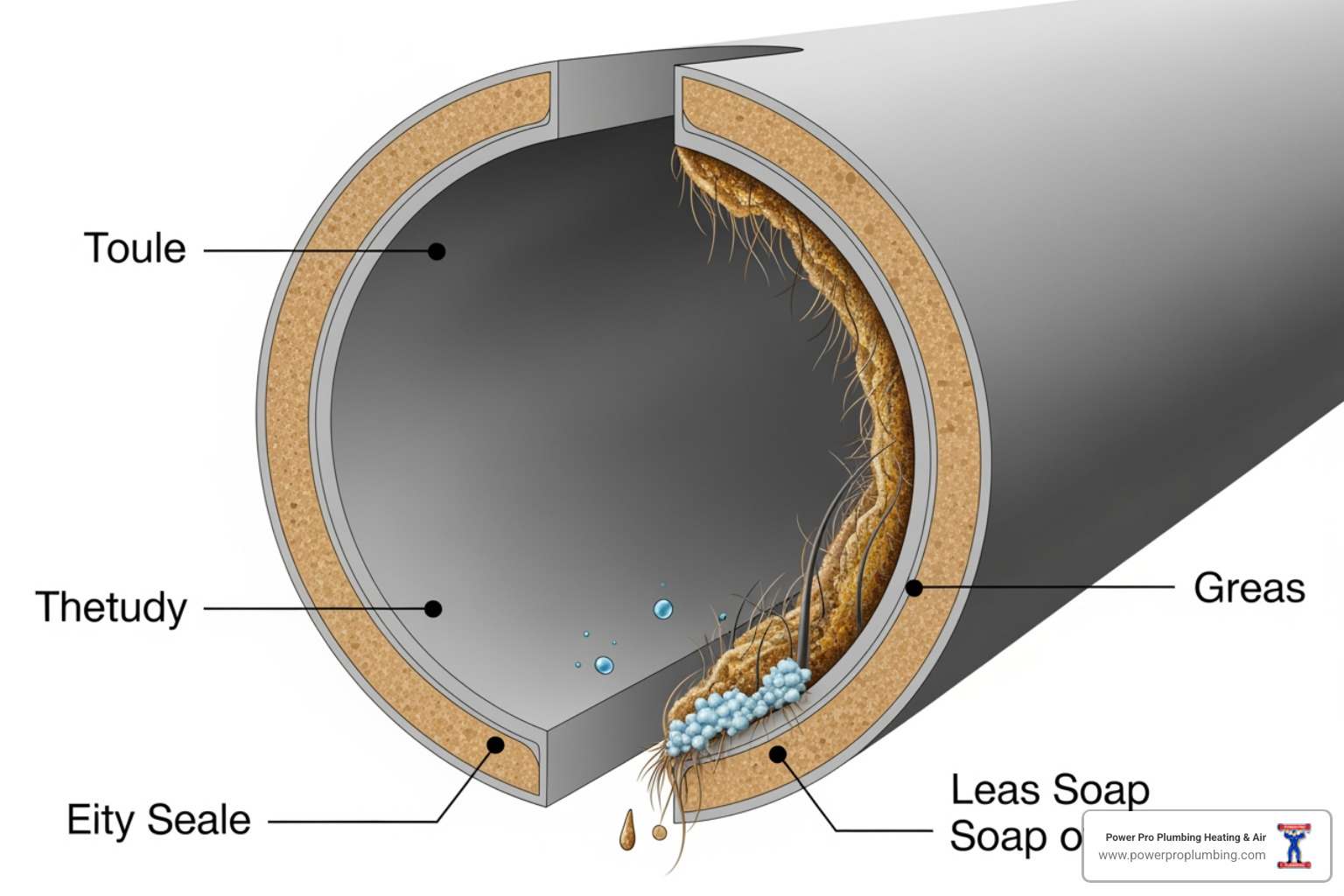 A detailed diagram showing a cross-section of a residential plumbing pipe. One side illustrates a clean pipe, while the other side shows accumulated grease, hair, and soap scum significantly narrowing the pipe's diameter, highlighting the cause of a clog. - Drain Cleaning in Cerritos, CA