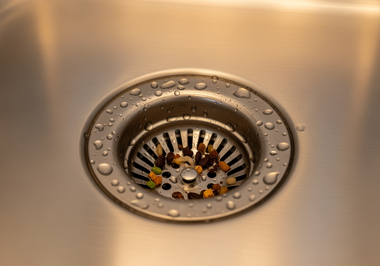 A close-up image of a clean, stainless steel kitchen sink with a drain screen effectively catching food debris and preventing it from going down the drain. - Drain Cleaning in Cerritos, CA