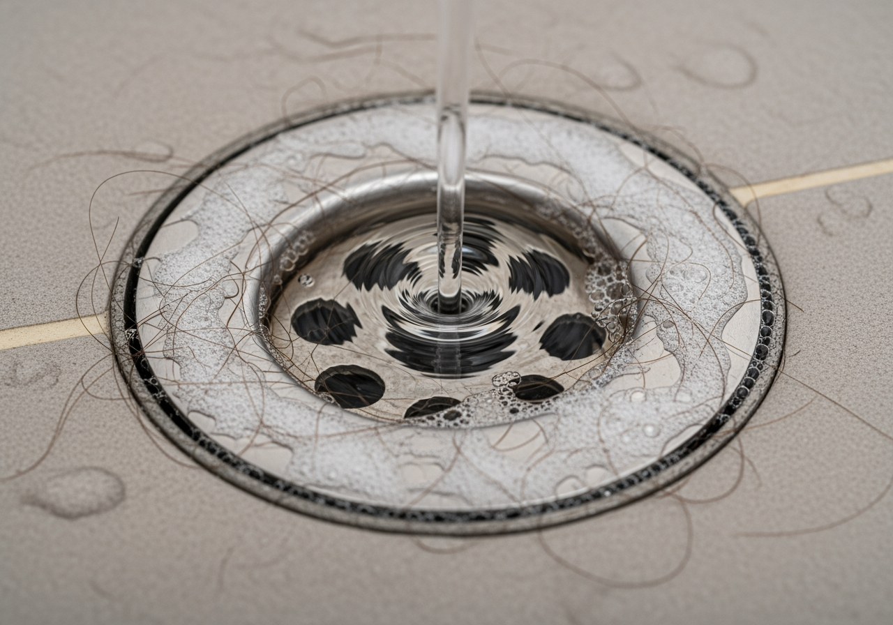 A close-up shot of water slowly swirling down a shower drain, indicating a partial clog, with visible hair and soap scum around the drain cover. - Drain Cleaning in Cerritos, CA