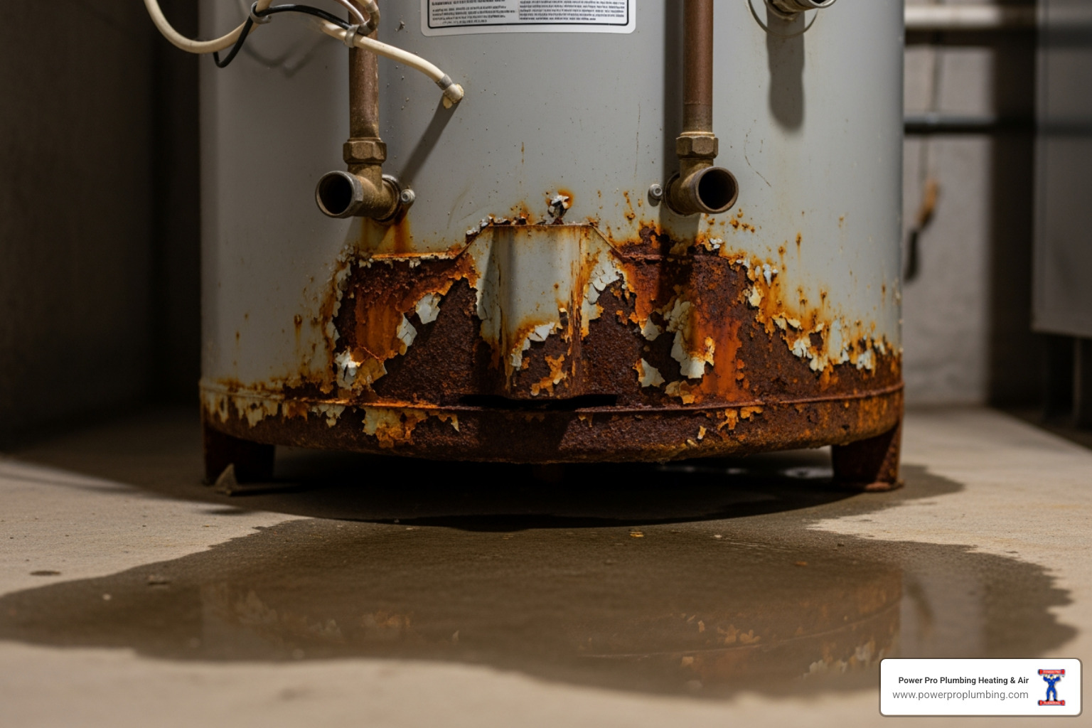 corroded water heater tank base with a small puddle - Water Heater Replacement in Long Beach, CA corroded water heater tank base with a small puddle - Water Heater Replacement in Long Beach, CA