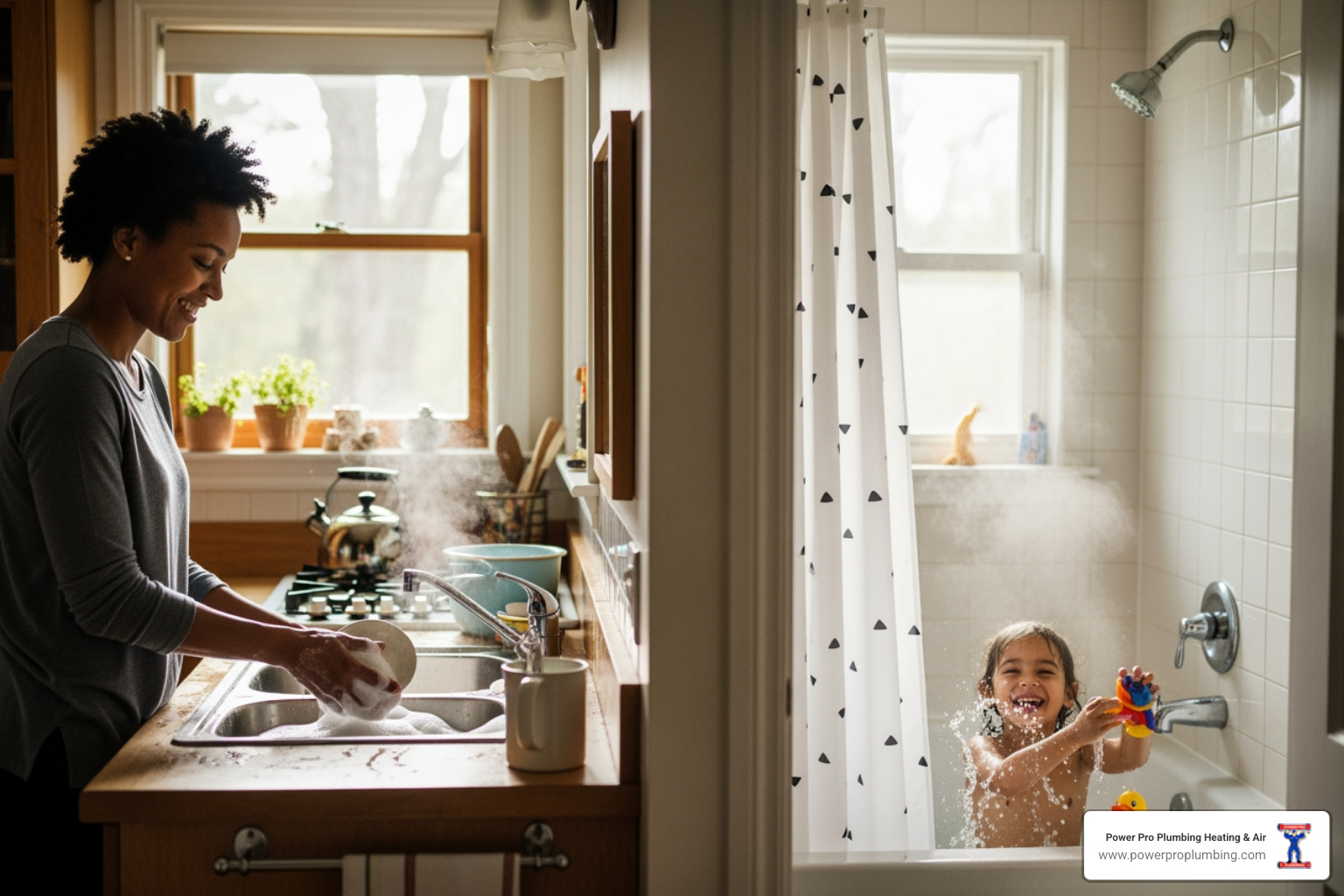 family enjoying hot water activities like washing dishes and bathing - Water Heater Replacement in Long Beach, CA family enjoying hot water activities like washing dishes and bathing - Water Heater Replacement in Long Beach, CA