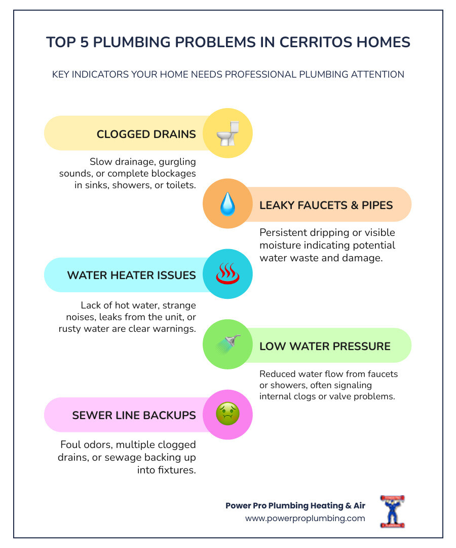 infographic showing the five most common plumbing problems in Cerritos homes: clogged drains, leaky faucets, water heater issues, low water pressure, and sewer line backups, with icons and brief descriptions for each - Plumbing Repair in Cerritos, CA infographic infographic-line-5-steps-colors infographic showing the five most common plumbing problems in Cerritos homes: clogged drains, leaky faucets, water heater issues, low water pressure, and sewer line backups, with icons and brief descriptions for each - Plumbing Repair in Cerritos, CA infographic infographic-line-5-steps-colors