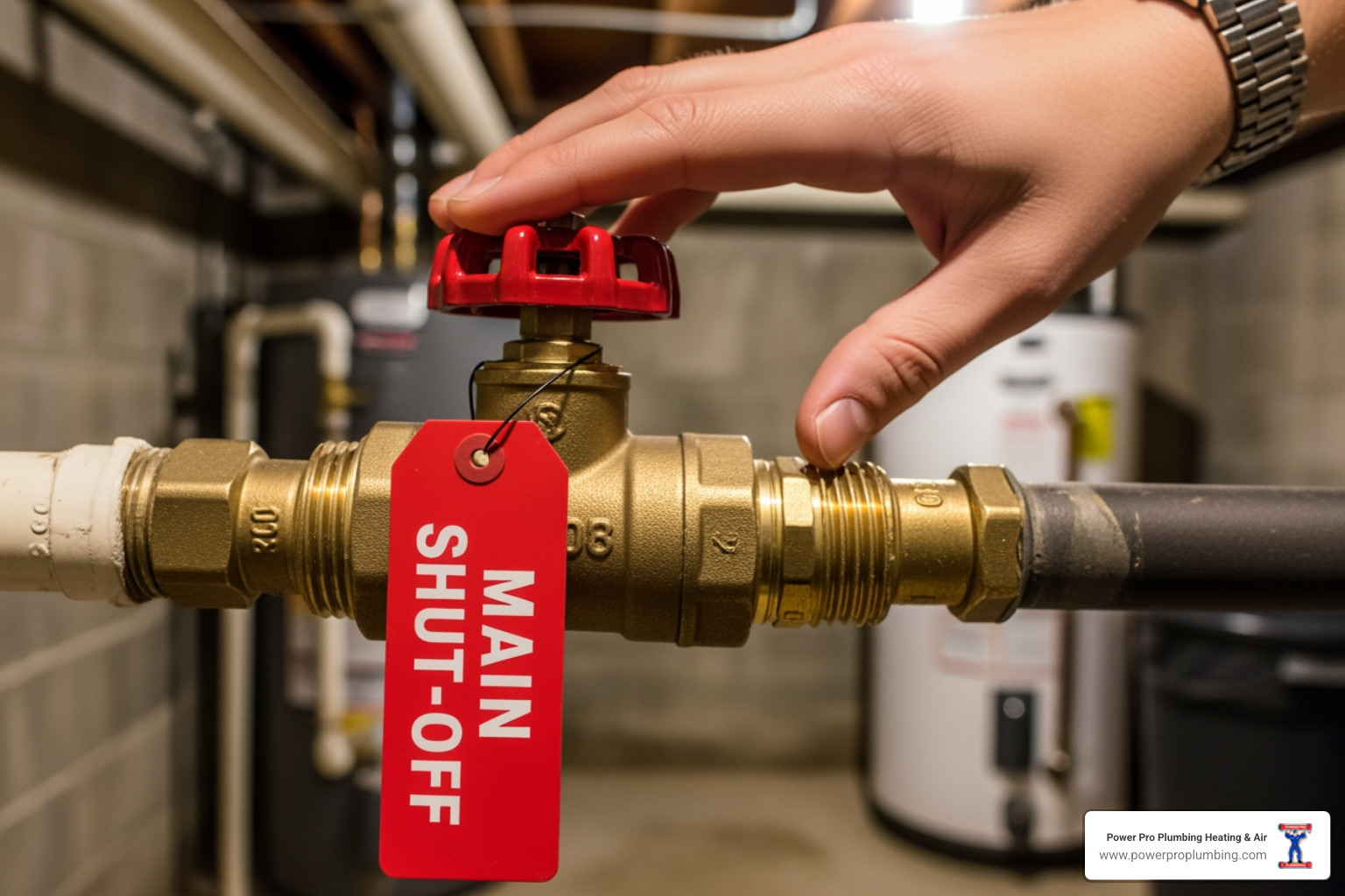 a close-up shot of a main water shut-off valve, clearly labeled with a red tag, with a hand reaching towards it - Plumbing Repair in Cerritos, CA a close-up shot of a main water shut-off valve, clearly labeled with a red tag, with a hand reaching towards it - Plumbing Repair in Cerritos, CA