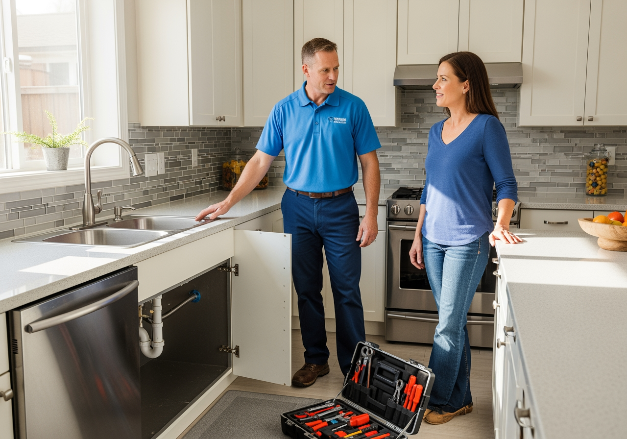 plumber interacting with a homeowner in their kitchen, discussing a repair - Plumbing Repair in Cerritos, CA plumber interacting with a homeowner in their kitchen, discussing a repair - Plumbing Repair in Cerritos, CA