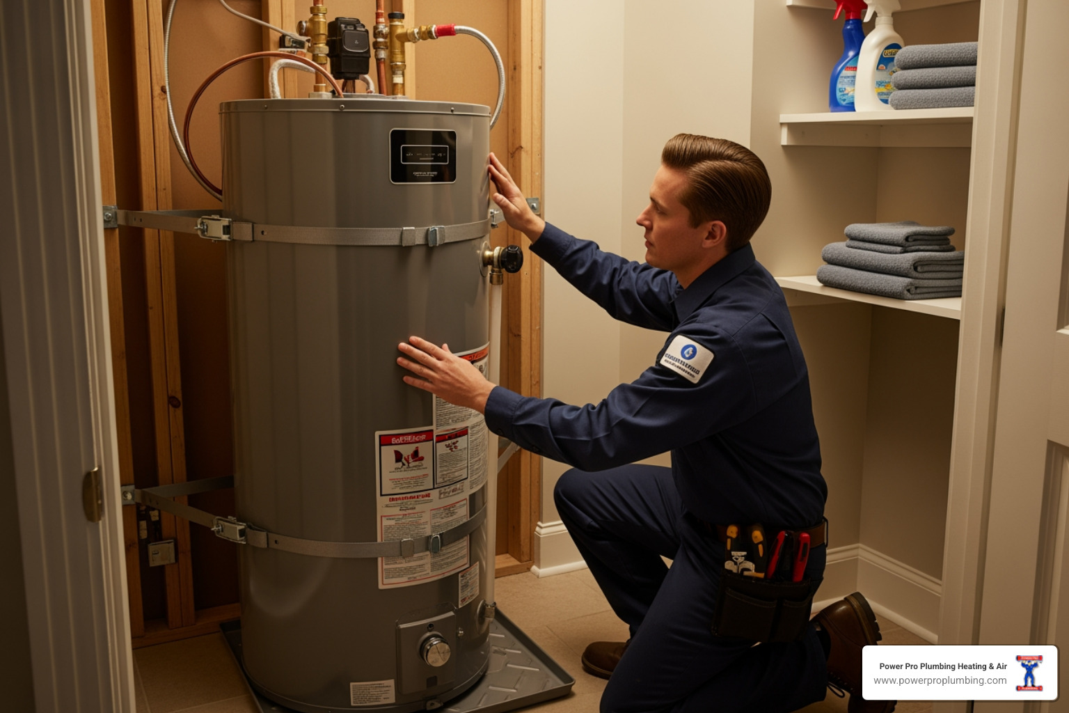 Uniformed technician safely installing a new water heater with proper earthquake straps in a home utility closet - Water Heater Replacement in Cerritos, CA