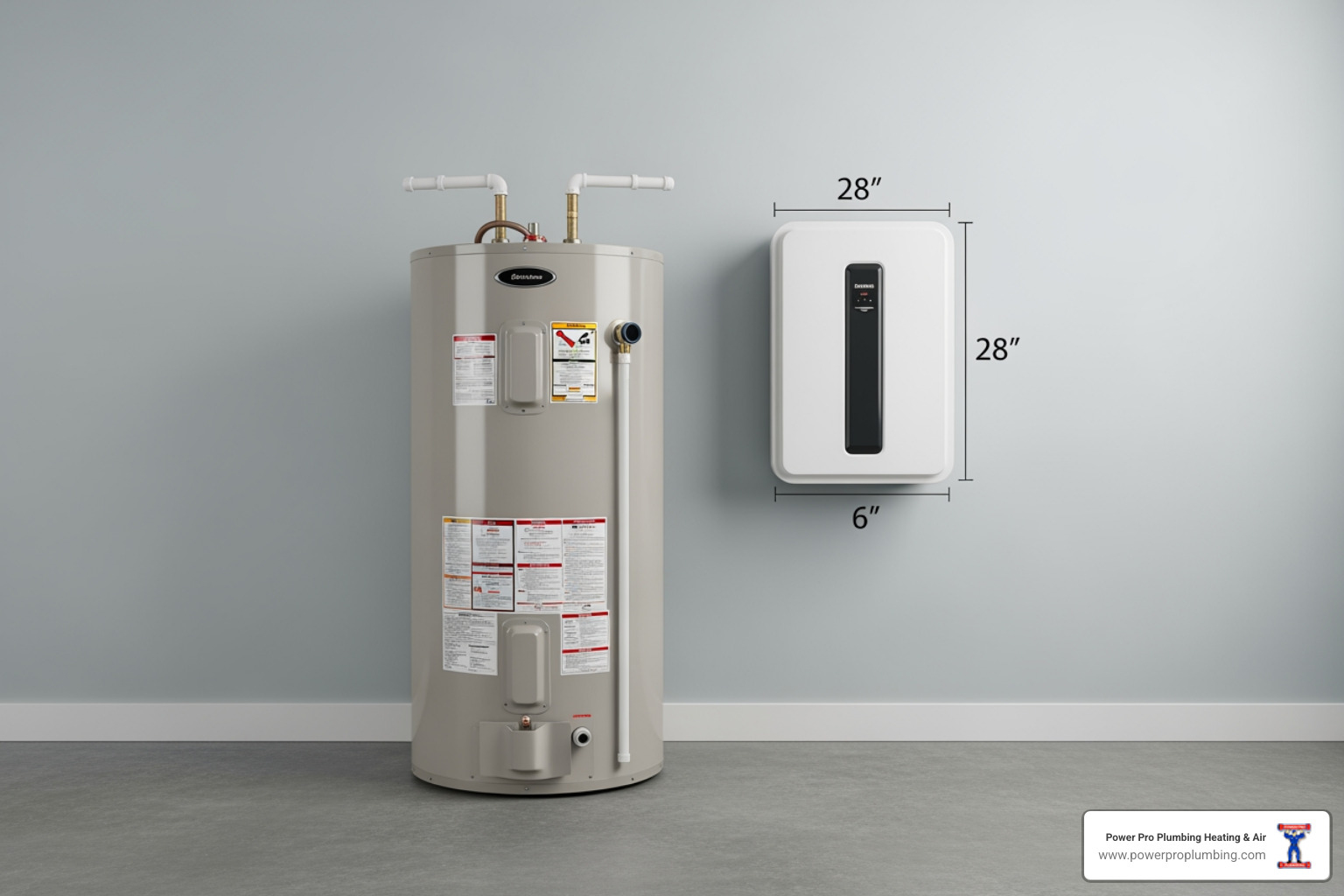 Side-by-side comparison of a conventional tank water heater and a compact tankless unit highlighting their size difference - Water Heater Replacement in Cerritos, CA