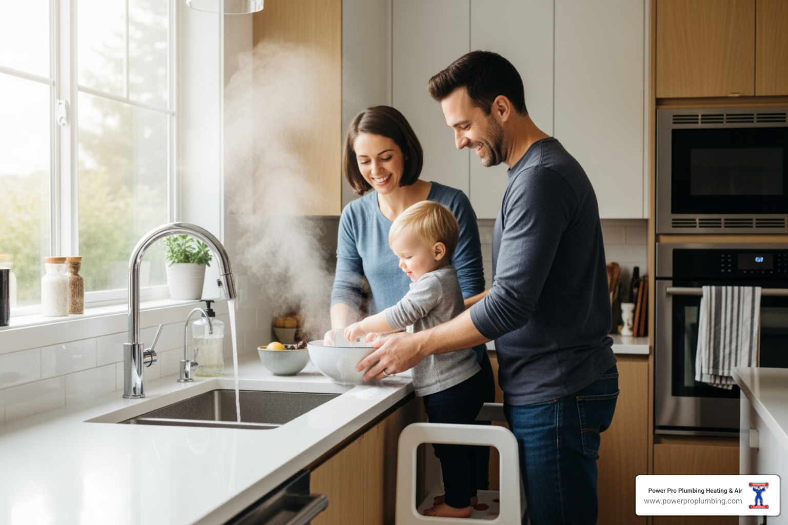A family happily using hot water in their kitchen, washing dishes, symbolizing comfort and convenience - Water Heater Replacement in Cerritos, CA