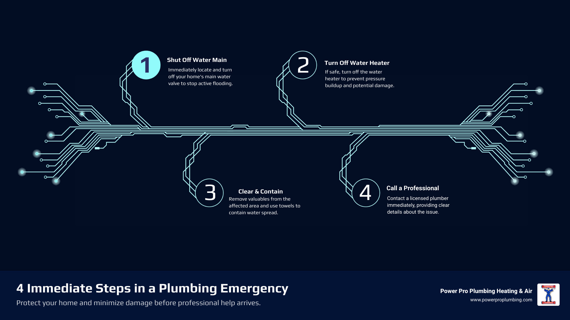 Infographic showing 4 steps during a plumbing emergency: 1. Shut off the main water valve to stop flooding, 2. Turn off the water heater to prevent pressure buildup, 3. Clear the area of valuables and contain water with towels, 4. Call a licensed plumber immediately and provide clear details about the problem - What to Expect from a Same-Day Plumbing Service Visit in Long Beach & the South Bay infographic infographic-4-steps-tech