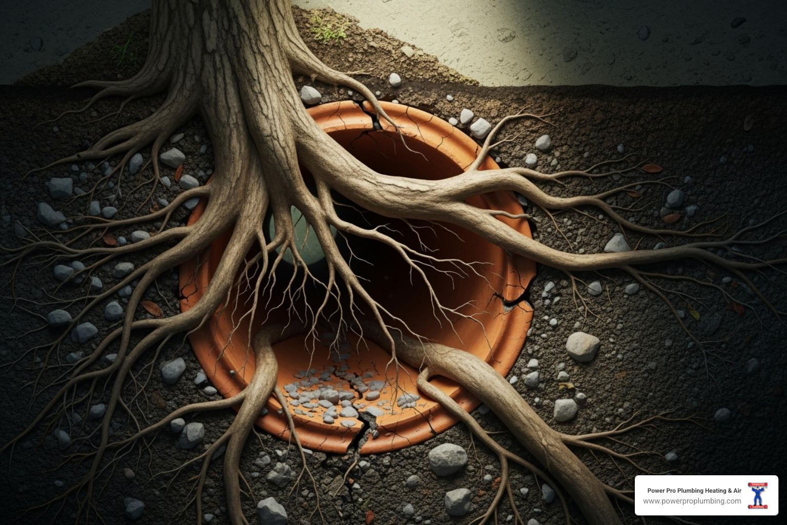 tree roots breaking through a clay sewer pipe - Damaged sewer pipe tree roots breaking through a clay sewer pipe - Damaged sewer pipe