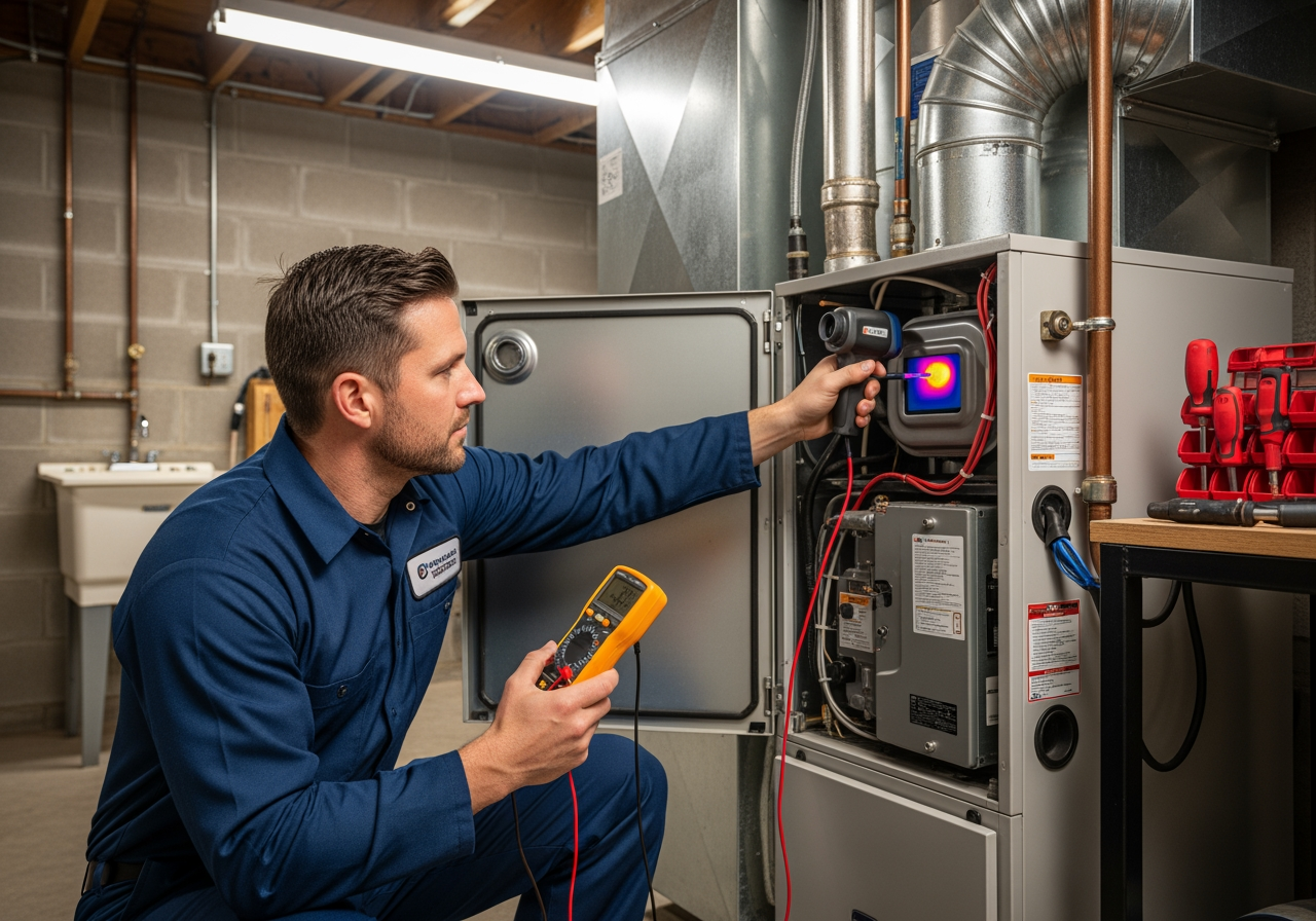 Image of a technician inspecting a furnace with diagnostic tools - Furnace Repair in Cerritos, CA