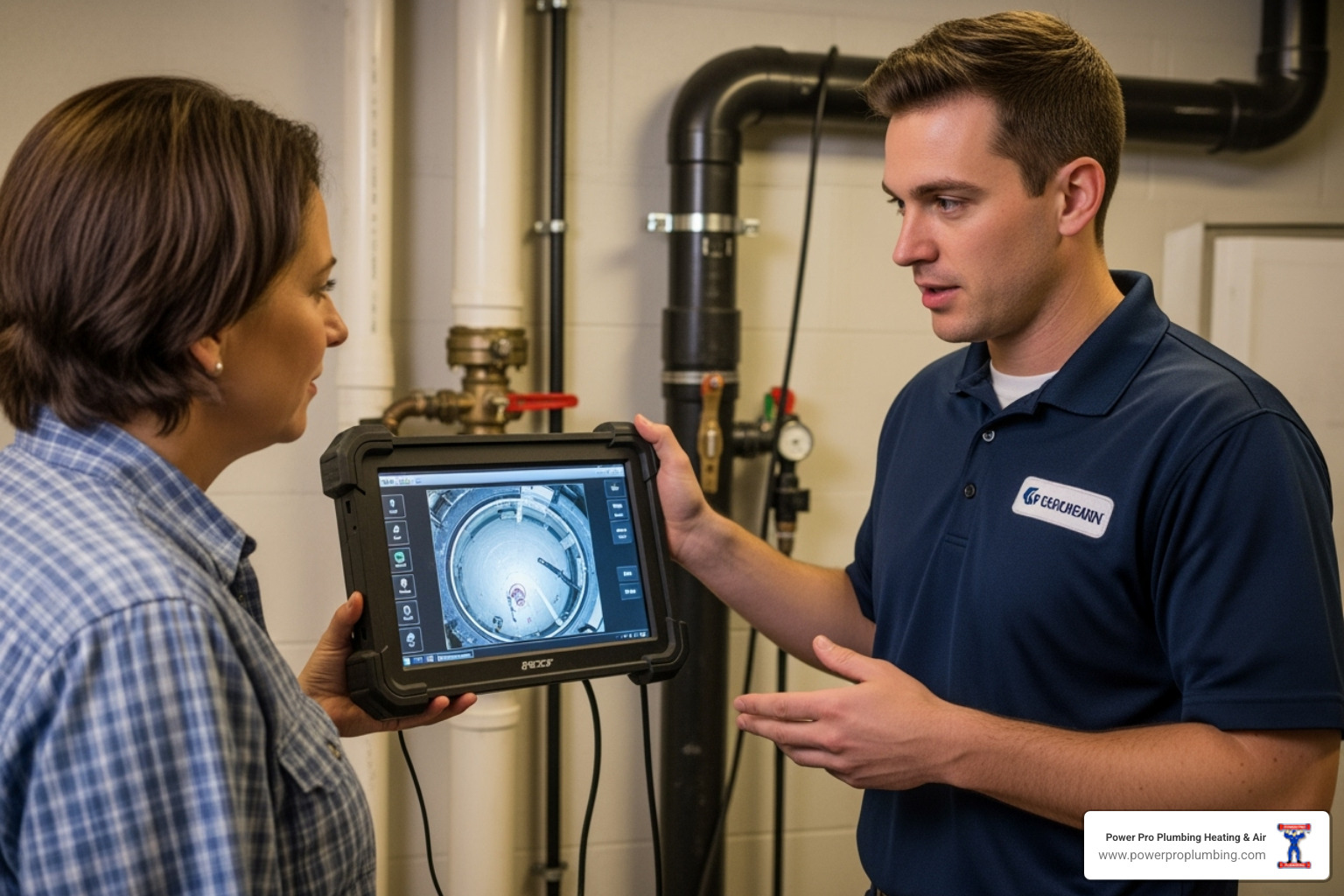 image of a technician with a sewer camera monitor, showing a client the footage - Home drain inspection