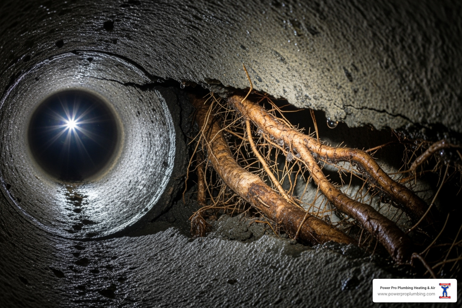 image of a sewer camera view showing tree root intrusion in a pipe - Home drain inspection