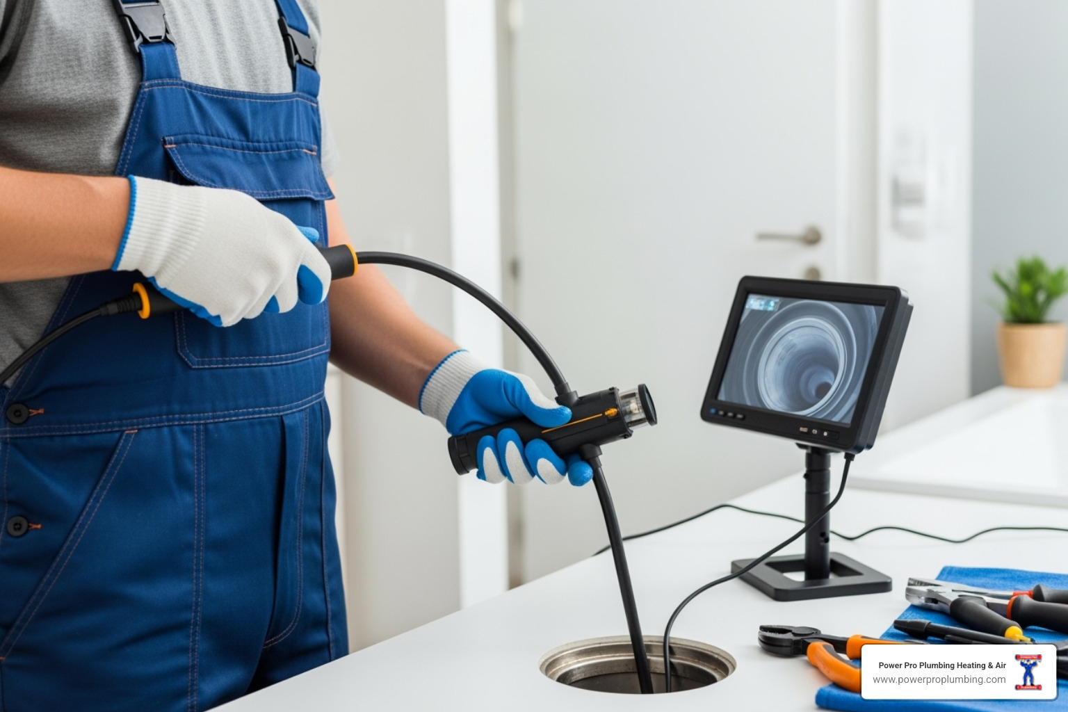 image of a professional plumber performing a drain inspection - Home drain inspection