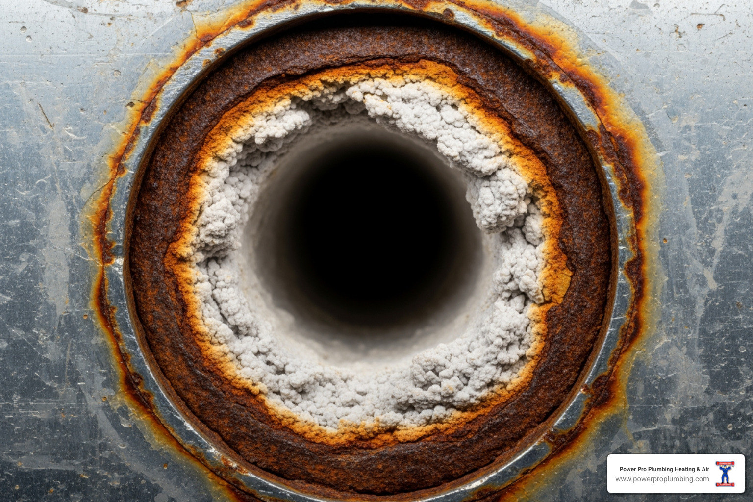 A cross-section of a heavily corroded galvanized pipe, showing significant rust and mineral buildup severely narrowing the water flow path. - Low Water Pressure in Older Long Beach Homes: Common Causes and When to Call a Pro