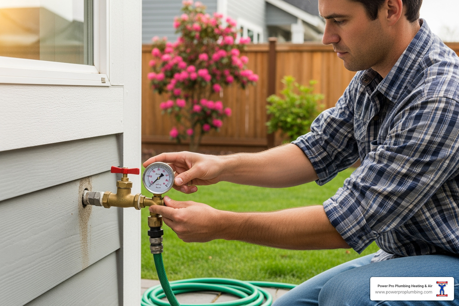 A homeowner attaching a water pressure gauge to an outdoor hose bib to measure household water pressure. - Low Water Pressure in Older Long Beach Homes: Common Causes and When to Call a Pro