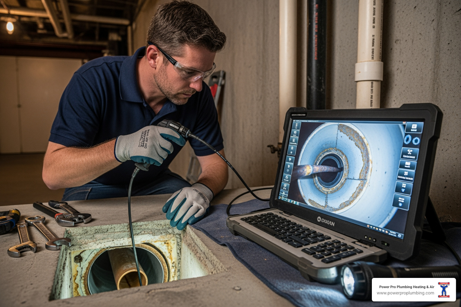 A professional plumber using a video camera to inspect the interior of a residential pipe, showing clear images of the pipe condition on a monitor. - Low Water Pressure in Older Long Beach Homes: Common Causes and When to Call a Pro