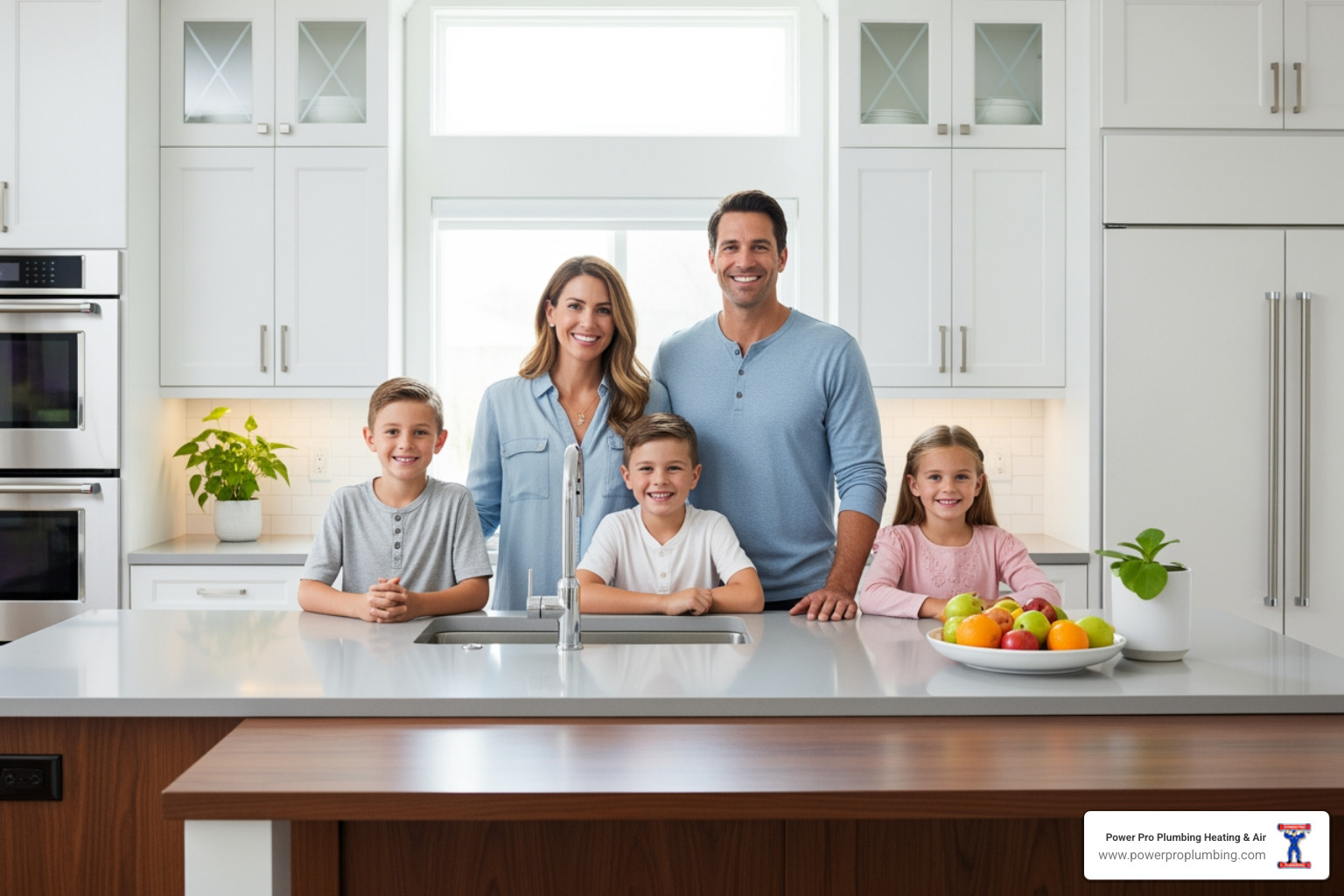 smiling family in clean kitchen - DIY vs Professional Plumbing Repair: When a Quick Fix Can Cost You More in Cerritos