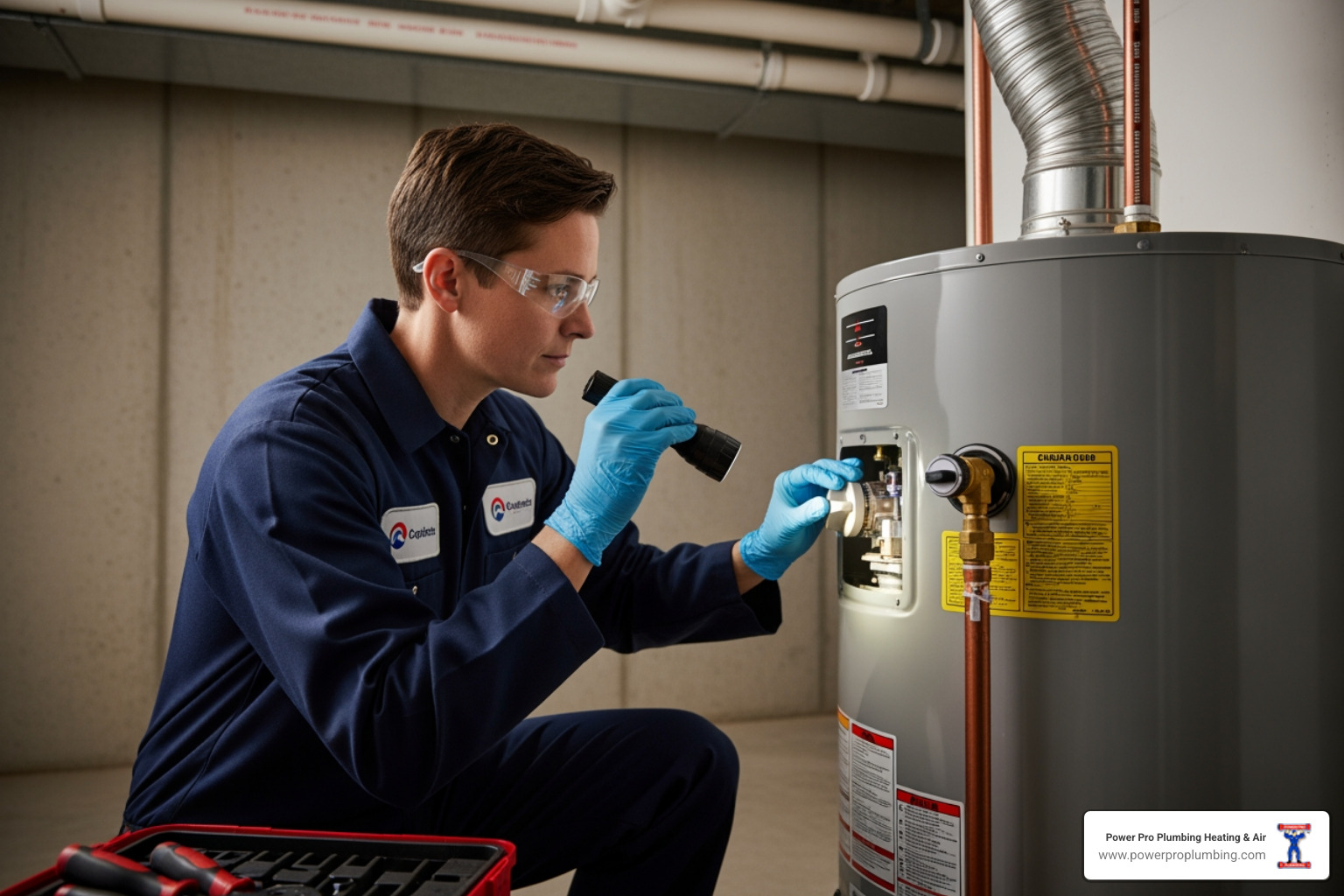 certified technician working on a gas water heater with safety gear - Water Heater Repair in Long Beach, CA certified technician working on a gas water heater with safety gear - Water Heater Repair in Long Beach, CA