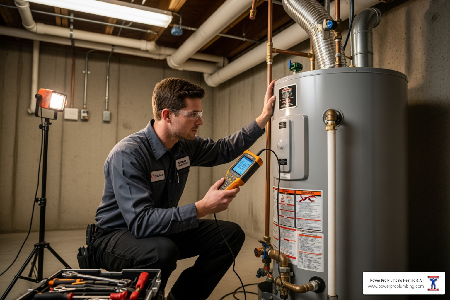 technician using a diagnostic tool on a water heater - Water Heater Repair in Long Beach, CA technician using a diagnostic tool on a water heater - Water Heater Repair in Long Beach, CA