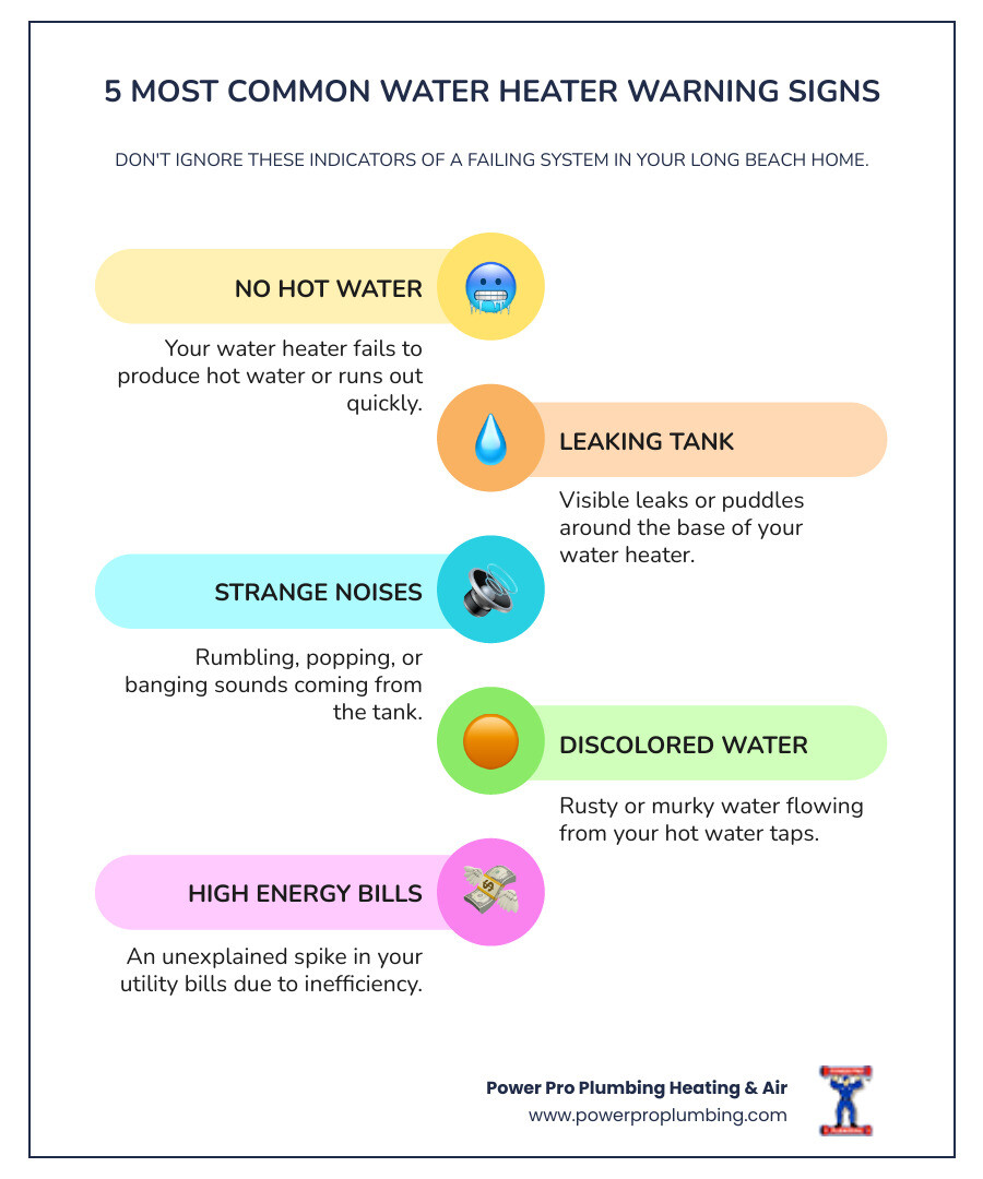 Infographic showing the 5 most common water heater warning signs: no hot water, leaking tank, strange noises like popping or rumbling, discolored or rusty water, and sudden increases in energy bills - Water Heater Repair in Long Beach, CA infographic infographic-line-5-steps-colors Infographic showing the 5 most common water heater warning signs: no hot water, leaking tank, strange noises like popping or rumbling, discolored or rusty water, and sudden increases in energy bills - Water Heater Repair in Long Beach, CA infographic infographic-line-5-steps-colors