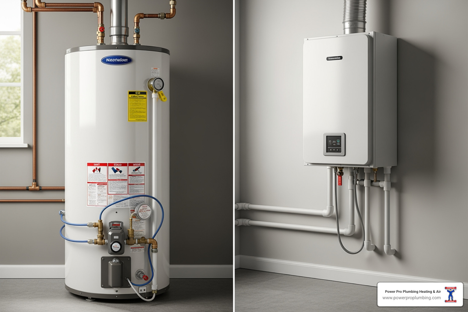 side-by-side comparison of a tank and a tankless water heater - Water Heater Repair in Anaheim, CA