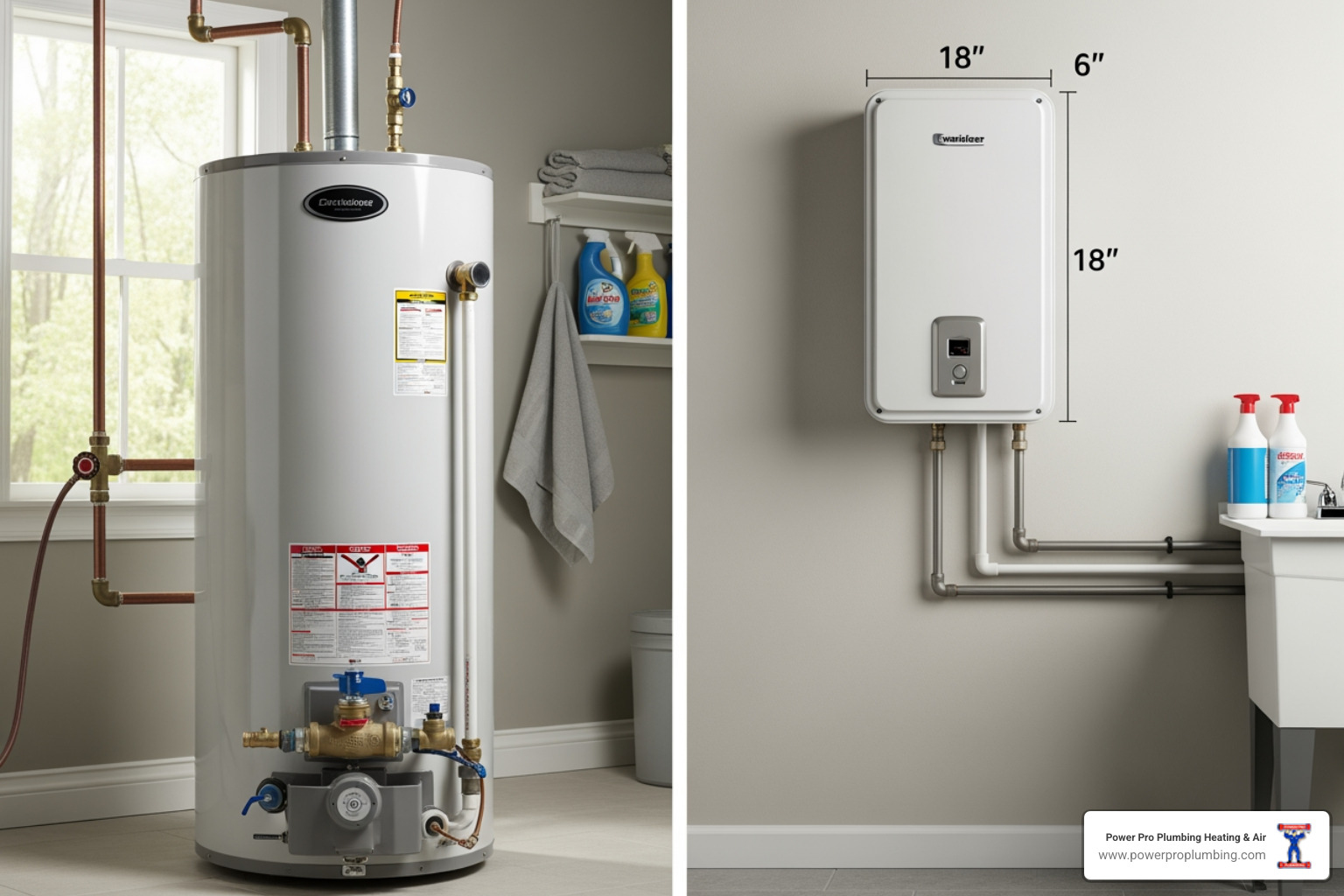 comparing the size of a traditional tank water heater and a compact tankless unit - Water Heater Replacement in Gardena, CA