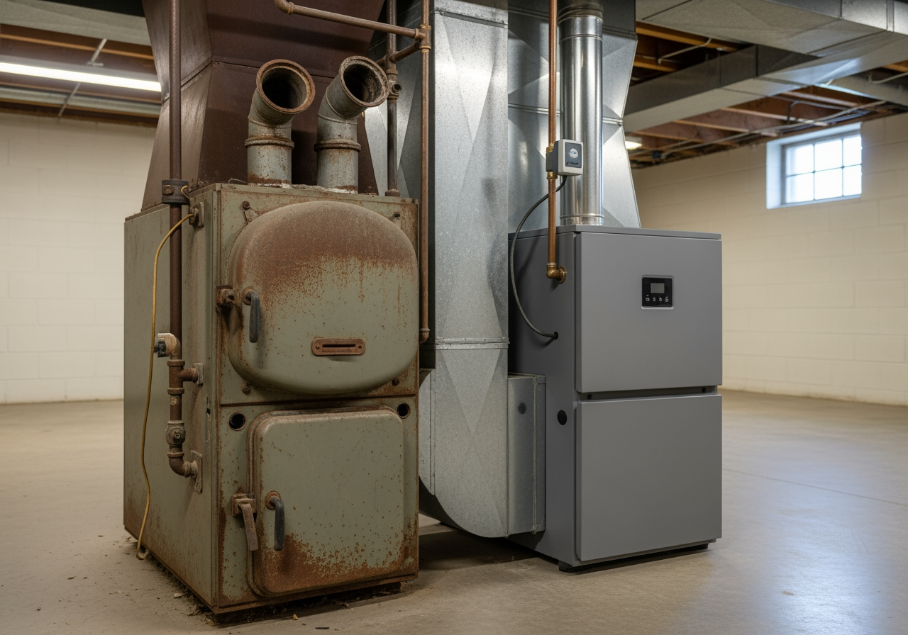 An old, worn-out furnace sits next to a sleek, new, modern furnace in a basement setting. - Furnace Repair in Anaheim, CA An old, worn-out furnace sits next to a sleek, new, modern furnace in a basement setting. - Furnace Repair in Anaheim, CA
