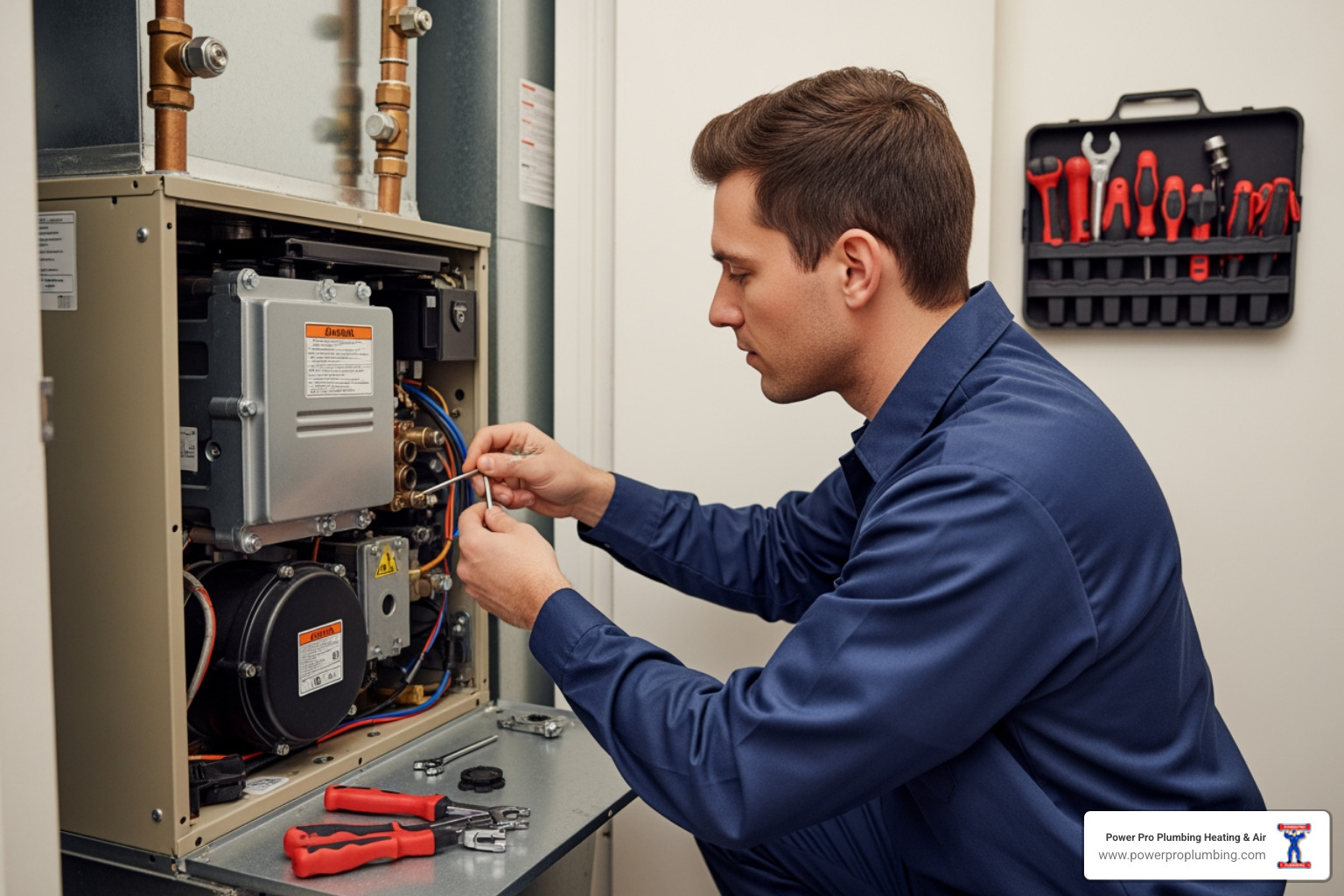 A certified technician with tools is meticulously working on the internal components of a furnace. - Furnace Repair in Anaheim, CA A certified technician with tools is meticulously working on the internal components of a furnace. - Furnace Repair in Anaheim, CA