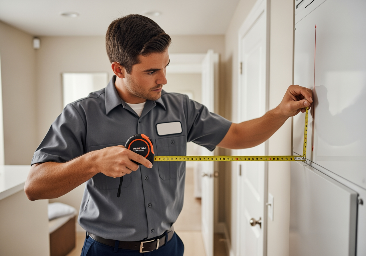 A certified technician measures the dimensions of a space in a home, preparing for a new furnace installation. - Furnace Repair in Anaheim, CA A certified technician measures the dimensions of a space in a home, preparing for a new furnace installation. - Furnace Repair in Anaheim, CA
