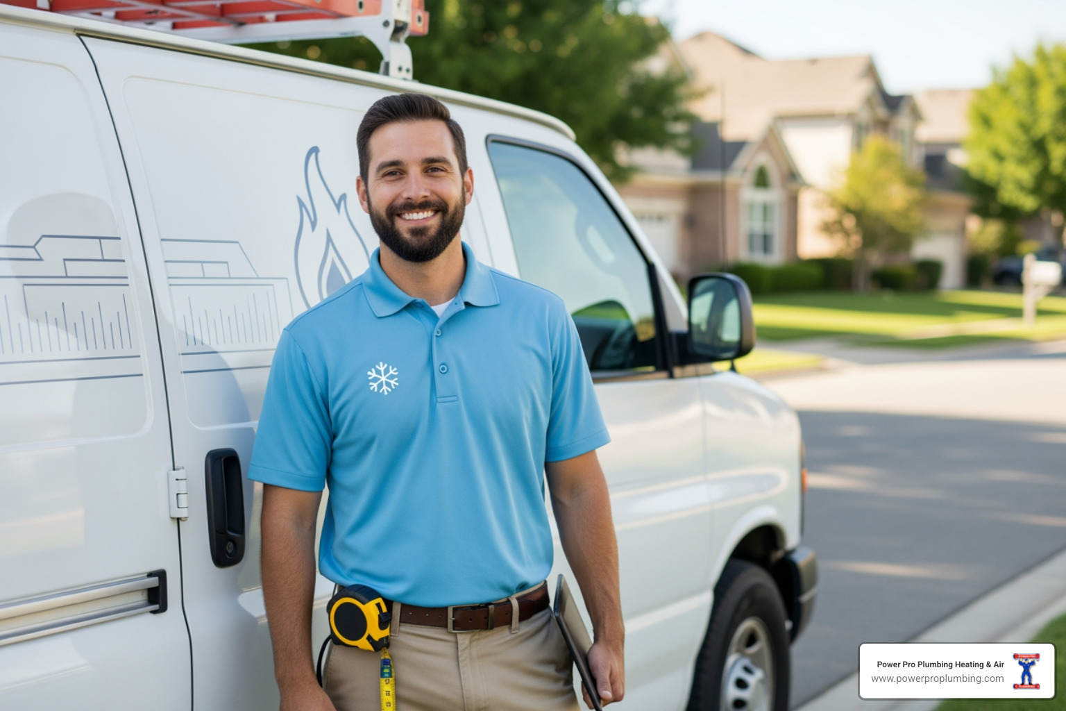 of a friendly Power Pro Plumbing Heating & Air technician with a service van - blower fan for furnace replacement of a friendly Power Pro Plumbing Heating & Air technician with a service van - blower fan for furnace replacement