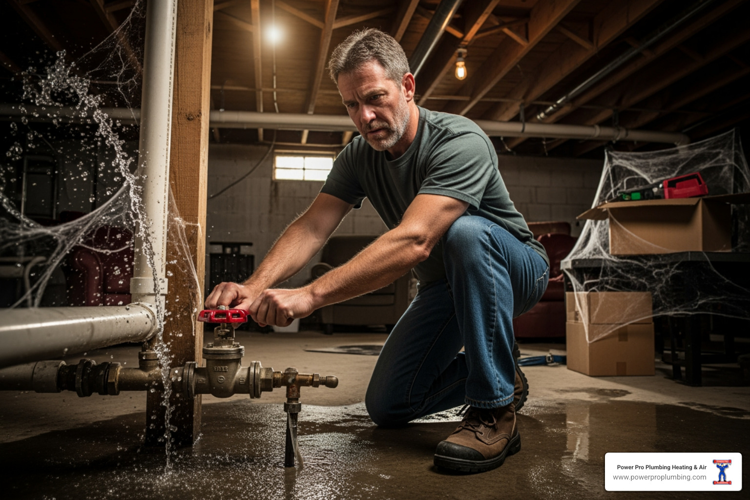 image of a homeowner shutting off a main water valve - 24 hours plumbing image of a homeowner shutting off a main water valve - 24 hours plumbing